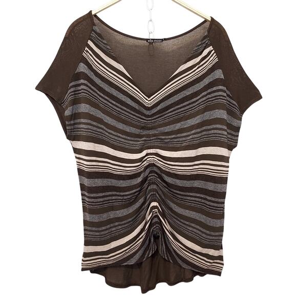 Ella Moss Striped Brown Gray Cream Gathered Ruching V-Neck Blouse Shirt Top - Picture 1 of 7